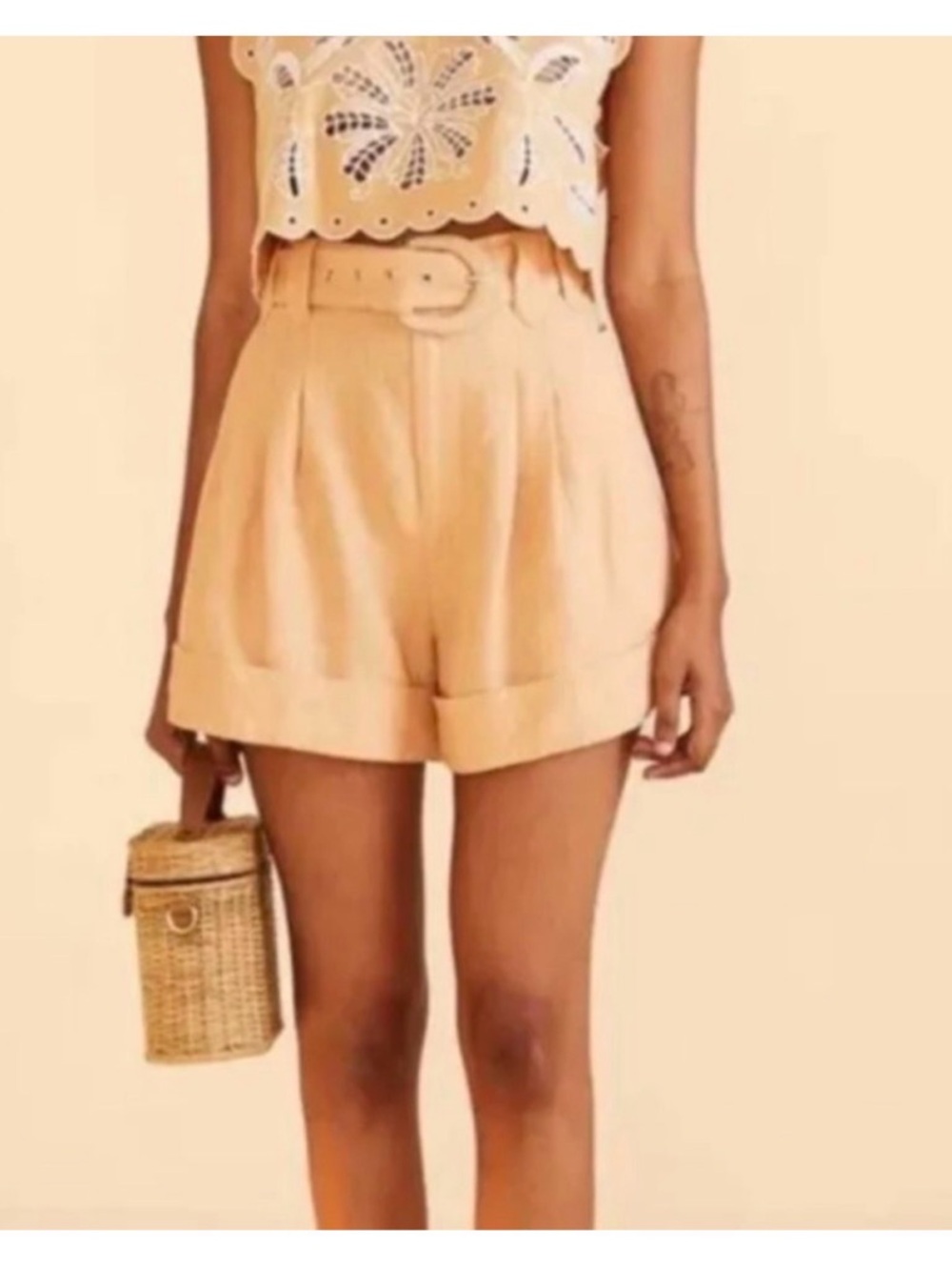 NEW FARM RIO High Waisted Pleated Belted Beige 100% Linen Summer Shorts XXS